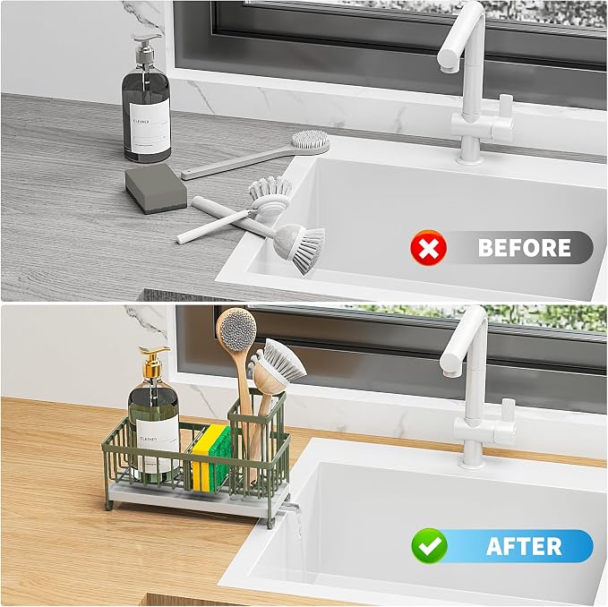 Cisily Sponge Holder for Kitchen Sink, Sink Caddy Organizer with High Brush Holder, Kitchen Countertop Organizers and Storage Essentials, Rustproof 304 Stainless Steel (Sage Green, 9.25″)