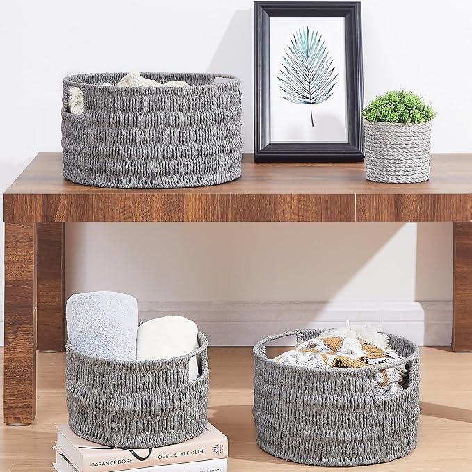 Wicker Storage Basket, Hand-Woven Paper Rope Large Round Woven Basket With Handles, Wicker Baskets for Organizing/Storage, Grey, 3-Pack