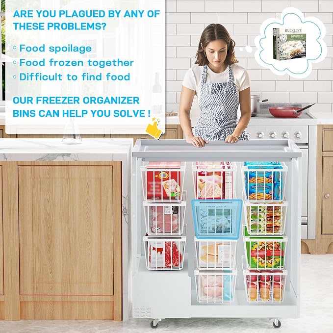 SUNALLY Freezer Organizer Bins, 4 Pack Stackable Pantry Storage Bins, White | Chest Freezer Organizer for 5-7 Cu.FT Deep Freezer to Sort Frozen Meats & Food, Wire Baskets for Pantry Organizers & Storage