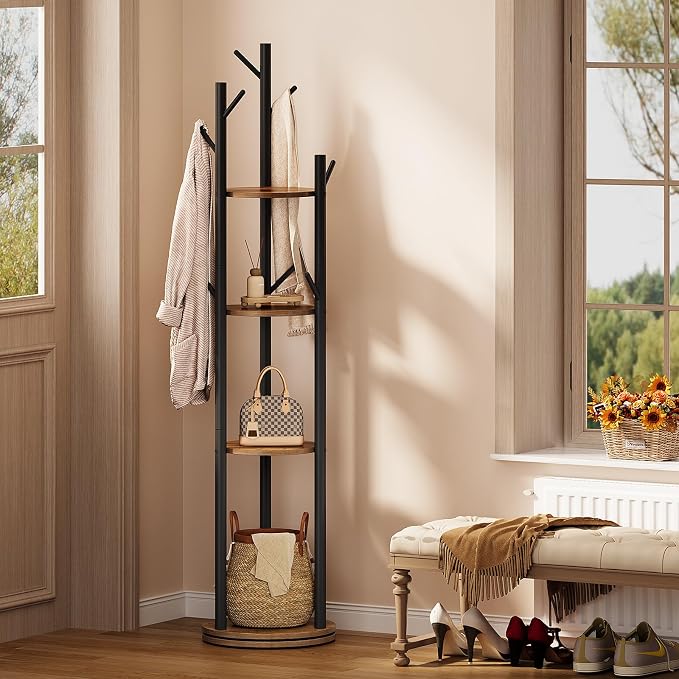 Espelism Rotary Coat Rack Stand, Freestanding Metal Hall Tree with 9 Hooks | 4-tier coat stand with wood storage shelves. Ideal for entryway, bedroom, corner or office clothing organization.Brown