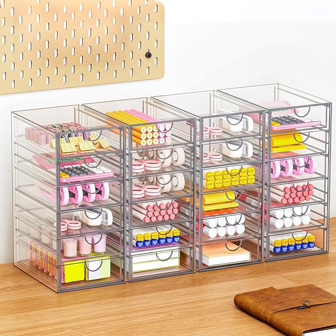 YFXCVSL 6-Pack Acrylic 31-Drawer Storage & Makeup Organizer for Desk | Smooth-glide drawers, clear acrylic, stackable, dustproof, wipe-clean, for makeup palettes, lipsticks, blushes, cotton pads