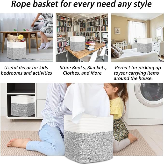 COMFY-HOMI 3PACK Cotton Rope Square Basket with Handles for Shelves|Dog Toy Bin and Storage|Baby Gift|Shoe Organizer|New 11" x 11" x 11" for Living Room