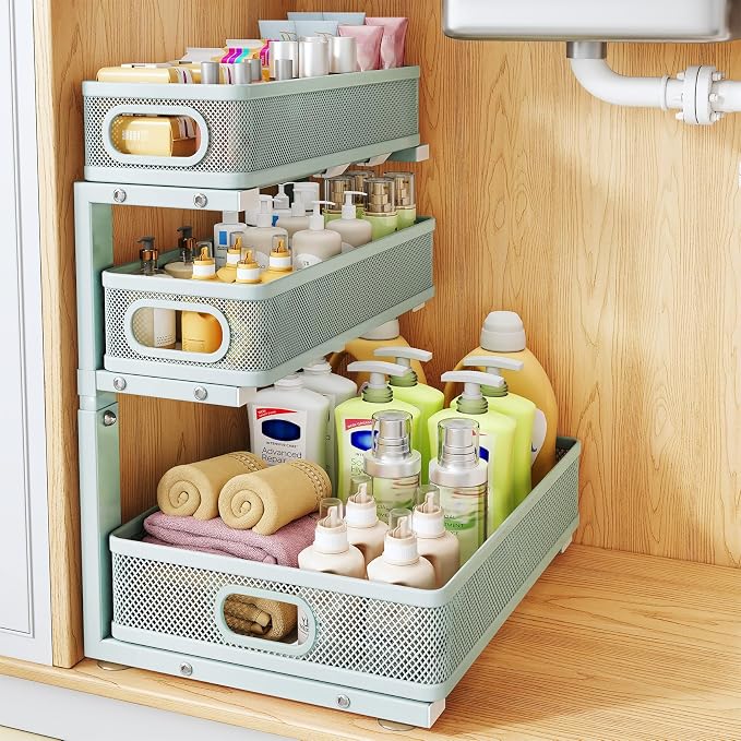 Under Sink Organizer, 3-Tier Thickened Metal Pull out Cabinet Organizer Shelf, Height Adjustable Slide out Storage Drawer Rack for Kitchen Bathroom Pantry Laundry Home, 1-Pack, LightBlue | 35% Extra Storage Capacity, Carbon Steel, Hold Up 55lbs, Suctio...