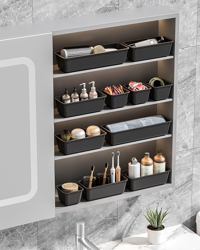 Canfanni 13 Pack Plastic Drawer Organizers Set, 3 Sizes Desk Drawer Organizer Trays for Vanity and Makeup Organizer, Organization and Storage for Makeup, Kitchen Utensils, Bathroom and Office(Black)