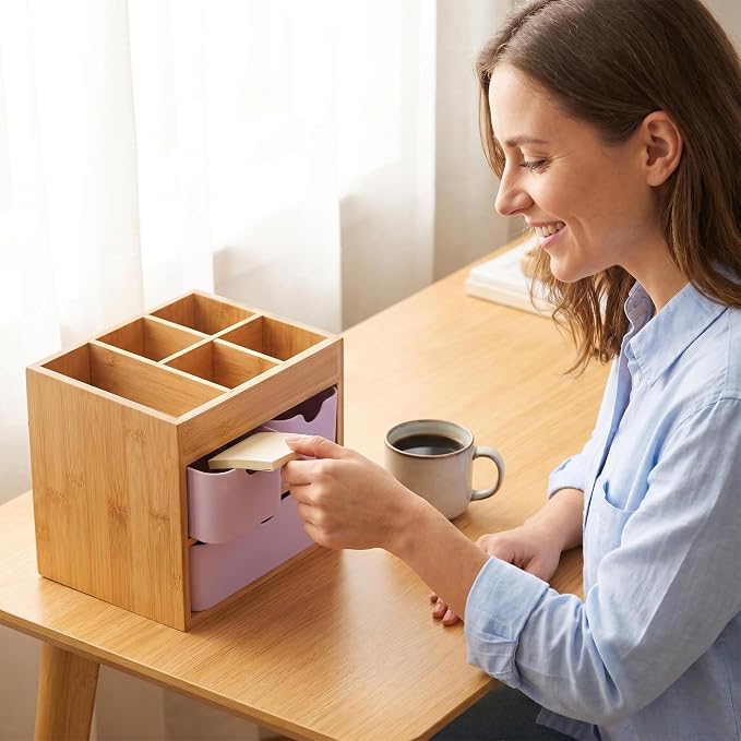 Bamboo Makeup Organizer with 3 Pink Drawers | Dresser Cosmetic Organizer Box Bamboo Desk Organizer for Home, Adjustable Dividers 3 Drawers