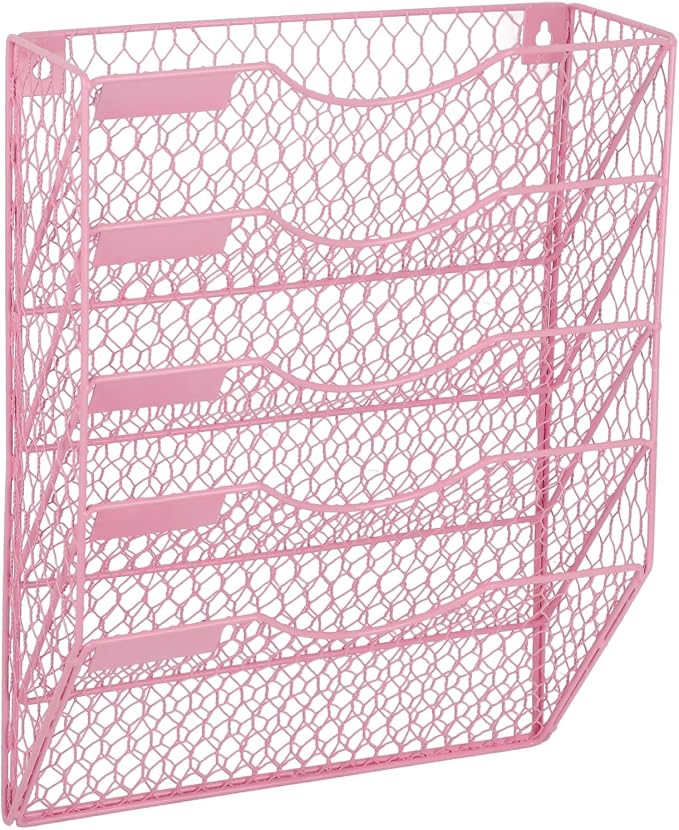 EASEPRES Mail Organizer Wall Mount Hanging File Holder Storage, Metal Chicken Wire Magazine Rack 5 Tier, Pink