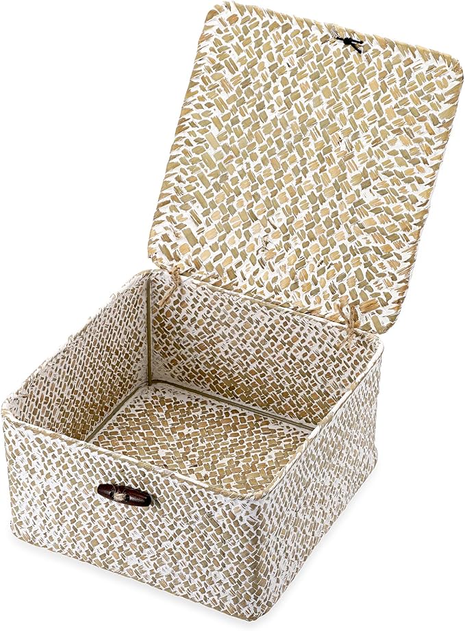 Hipiwe Handwoven Seagrass Basket with Lid Square Wicker Basket Storage Bin | Multipurpose Baskets Organizer Closet Storage Baskets Box Household Container for Home Decor, Small Whitewash