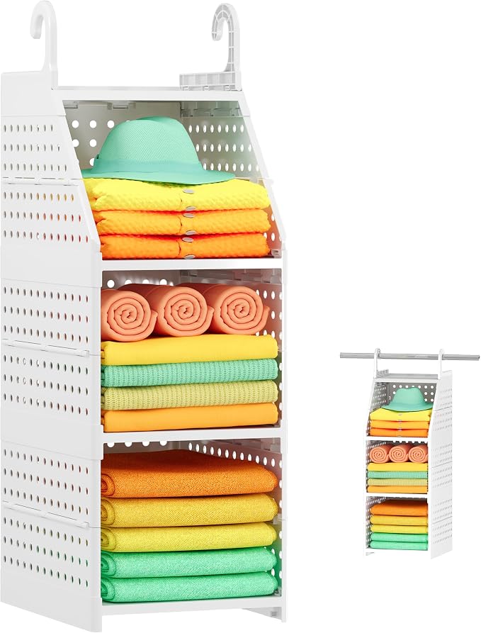 Honkazita 3-Tier Foldable Hanging Closet Organizer, White | Free-Standing Closet Hanging Organizer, For Wardrobe, Laundry Room, Plastic Hanging Closet Shelves, for Clothes, Handbags