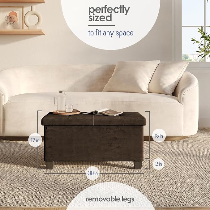 Storage Ottoman Bench with Bins, 30-in Storage Bench for Bedroom End of Bed, Folding Foot Rest Ottoman for Living Room Max 660lbs, Velvet Ottomans, Brown