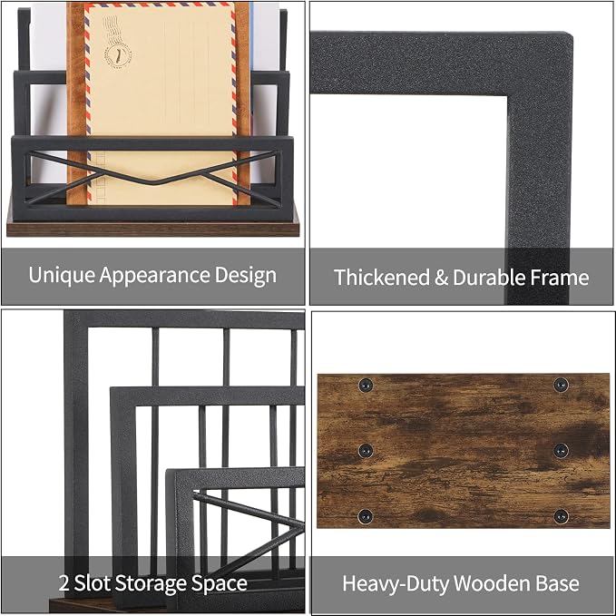 Snughome Desktop Mail Organizer, Desk Mail Organizer with 2-Slot Matte Black Metal Desktop Mail Sorter, Metal Storage File Holder Letter Sorter Organizer for Home or Office, Rustic Brown