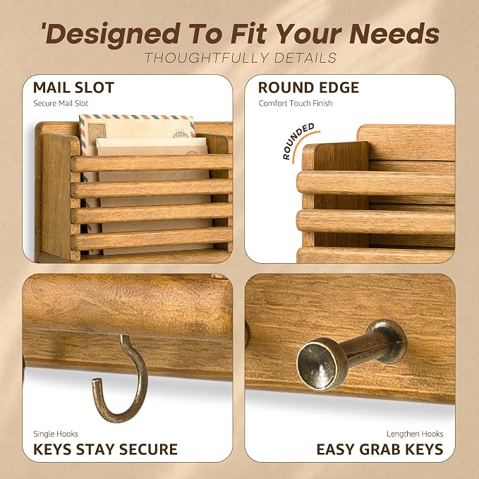 Rebee Vision Key Holder Wall Mount with Mail Slot for Home Decor, Yellow | Pine Wood, Key Holder for Wall, Storage Shelf, 8 Hooks, Mail Holder, Bedroom, Decorative Storage, Apartment Rustic Aesthetic