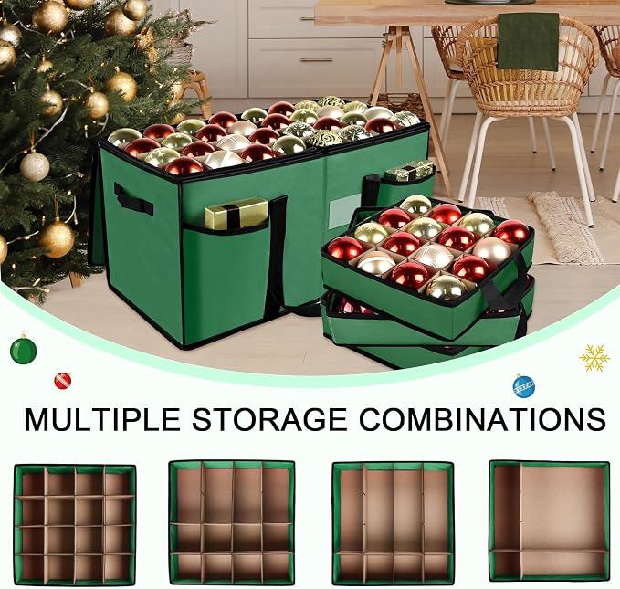 Christmas Ornament Storage Box with Dividers, Holds 128 Balls, Green | 600D Oxford Fabric, Adjustable Dividers, Removable Trays, Dual Zippers, Reinforced Handles