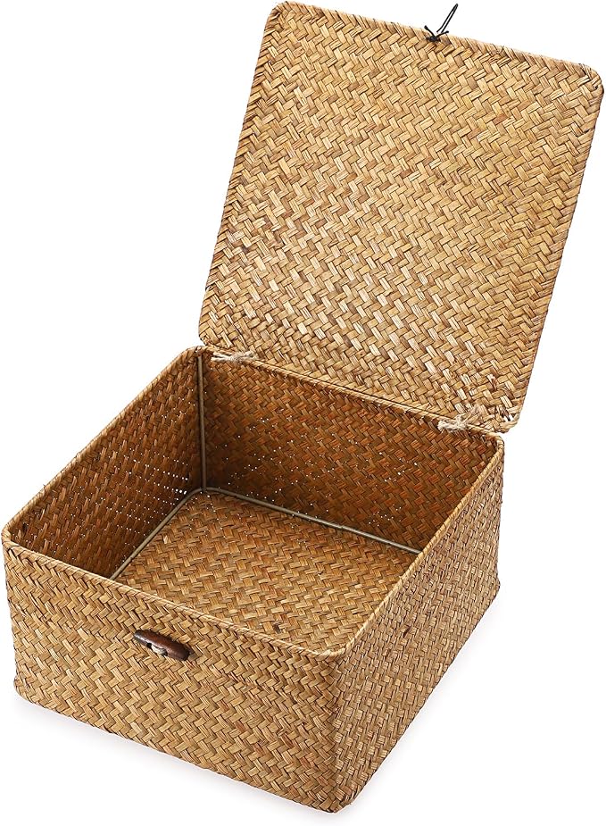 Hipiwe Handwoven Seagrass Basket Bin Square Household Storage Container with Lid Wicker Shelf Basket Bin for Bookshelf Living Room Bath Room, Large Caramel