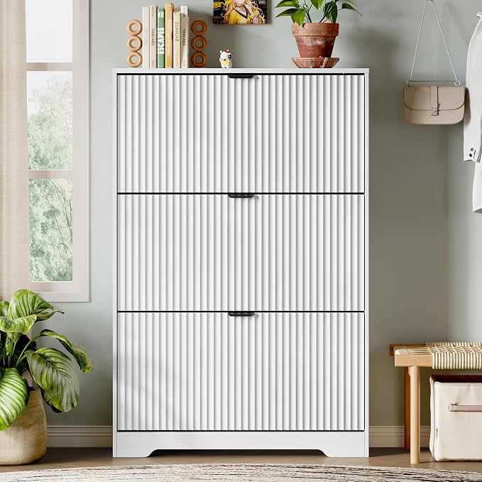 Xixini Shoe Storage Cabinet for Entryway with 3 Flip Drawers, Hidden Slim Wood Shoe Organizer with Modern Fluted Panel, Freestanding Narrow Shoe Rack for Front Door Entrance, Hallway, Foyer, White