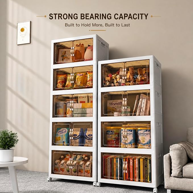 4 Tier Stackable Storage Bins with Lids, Total 144QT (4x36QT) Foldable Closet Organizer with Wheels, Collapsible Plastic Storage Boxes for Clothes, Toys, Kitchen, Office, and Dorm Room