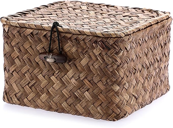 Hipiwe Seagrass Basket Bin with Lid X-Small Handwoven Wicker Storage Basket | Square Decorative Baskets Box for Shelf Multipurpose Household Baskets Organizer for Home Decor
