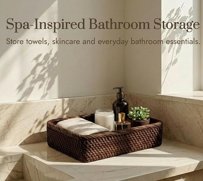 Yangqihome Natural Rattan Storage Baskets, Rectangular Woven Fruit Baskets, Decorative Wicker Basket and Small Baskets for Organizing,Set of 3, (Brown)
