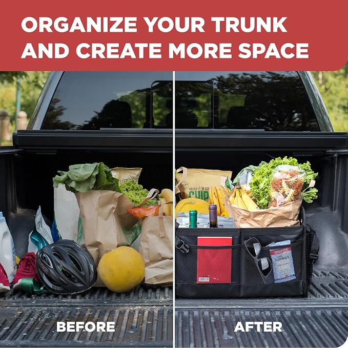 Car Trunk Organizer for SUV, Truck & Auto Cargo Storage, Black, XL | Fits Cars, SUVs & Trucks 6 Adjustable Compartments Non-Slip Base & Securing Straps Foldable 11 Pockets Car Accessories