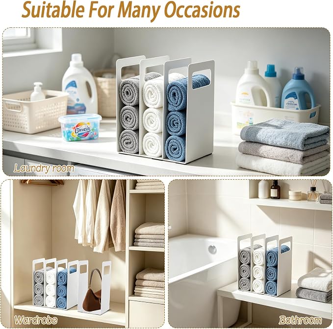 Interlocking Towel Organizer 4-Pack, Metal Bathroom Storage Shelf Rack with Adjustable Width & Pads, Freestanding Countertop Towel Holder for Cabinet, Closet, Hotel
