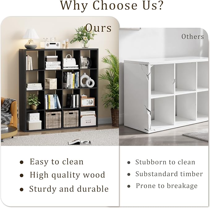 VDNEND Cube Storage Organizer Bookcase, Decorative 11 inch Open Back Cubical Shelf with Thickened Border, Display Bookshelf for Living Room, Home Office, Sturdy Room (Black, 16 Cube)