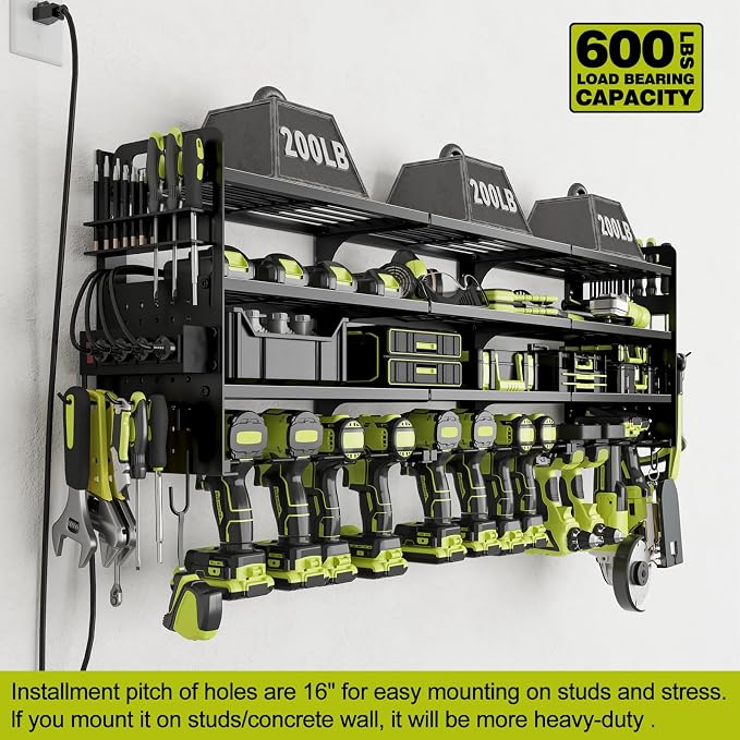Power Tool Organizer Wall Mount, 12-Drill 4-Tier Charging Station, Black | Heavy-duty 4-Tier Metal Rack Stores 12 Drills; Side Pegboards and Screwdriver Slots Add Storage, Plus a 4-Outlet Power Strip