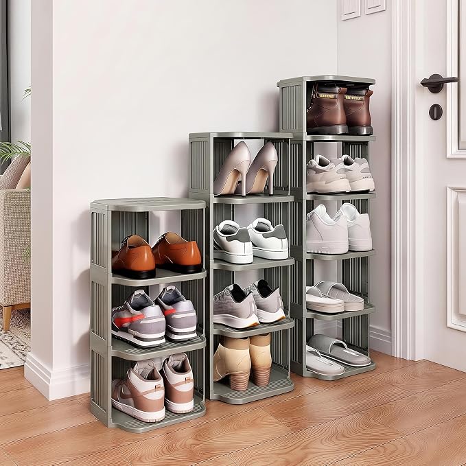 Kitstorack 10-Tier Vertical Plastic Shoe Rack, Freestanding Stackable Shoe Storage Organizer Cubes Shoe Shelf Tower or Small Closets and Tight Spaces, Gray