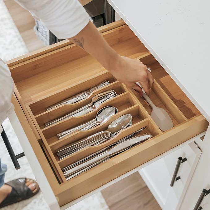 KitchenEdge Silverware & Utensil Drawer Organizer, 10.5-19 in, Bamboo | Cutlery, flatware, food-safe contract grade, kitchen drawer fit