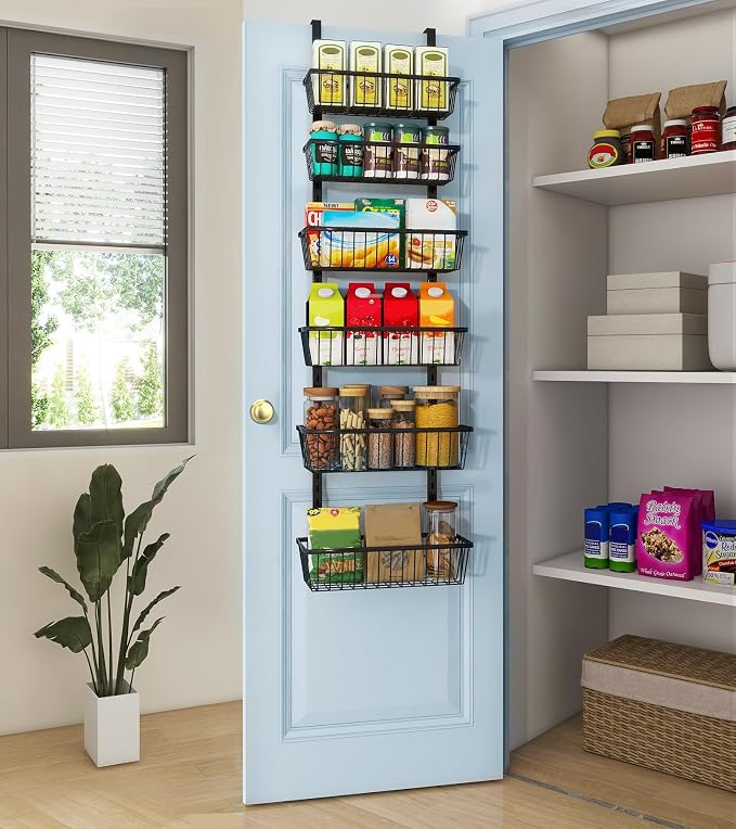 Mefirt 12 Inch Wide Narrow Over The Door Pantry Organizer 6-Tier Black | Pantry Hanging Organizers and Storage, Adjustable Heavy-Duty Metal for Home & Kitchen, Back of Door Seasoning Rack