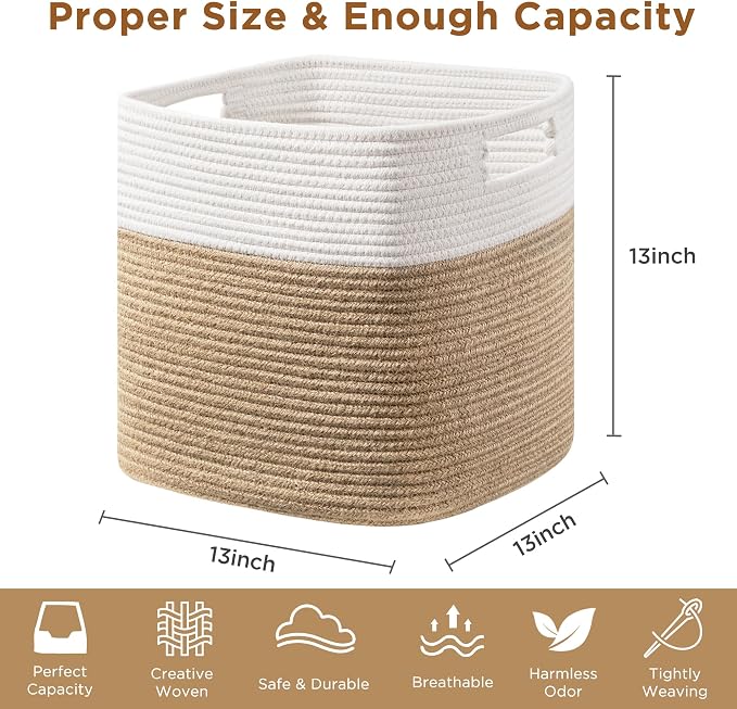 UBBCARE Set of 4 Storage Basket-13 X 13 X 13 in, Cotton Rope Basket for Shelves, Toys, Book, Cube Storage Bins with Handles, Woven Storage Basket for Organizing, White & Jute