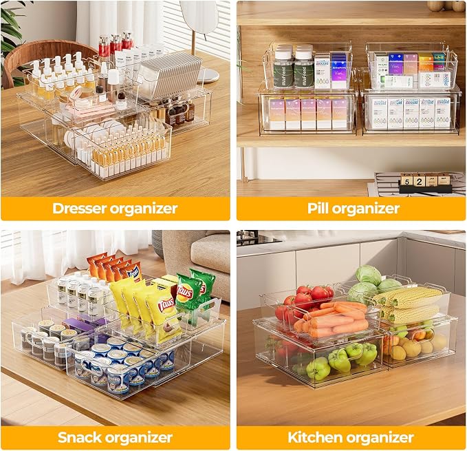Refrigerator Organizer Bins with Pull-out Drawer 6 Pack Stackable Clear Fridge Drawer Organizer Fruit Vegetable Storage Containers for Kitchen Pantry Organization (2 Large+4 Medium)