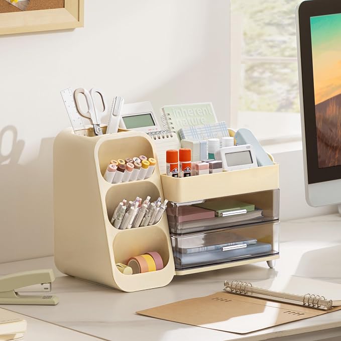 HBlife Desk Organizer with Pen Pencil Holder for Desk, Pen Organizer with 2 Drawers, Desk Organizers and Accessories with 4 Compartments, Desktop Storage for Office Home School Art Supplies, Beige