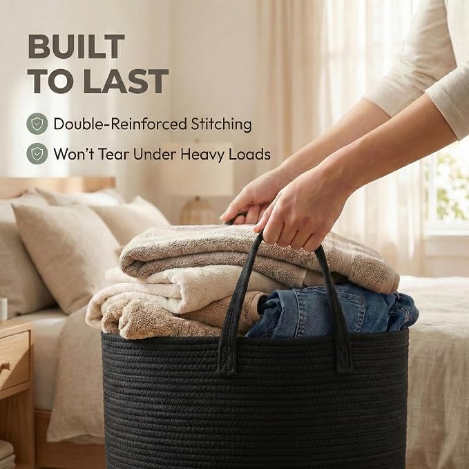 JMvicyroam 65L Extra Large Machine Washable Cotton Rope Blanket Basket | Collapsible laundry hamper, Reinforced handles, For blankets, pillows, toys and clothes, Living room and bedroom, Black