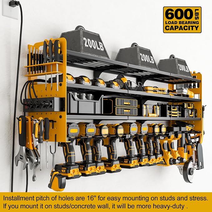 Power Tool Organizer Wall Mount, 12-Drill 4-Tier Charging Station, Yellow | Heavy-duty 4-Tier Metal Rack Stores 12 Drills; Side Pegboards and Screwdriver Slots Add Storage, Plus a 4-Outlet Power Strip