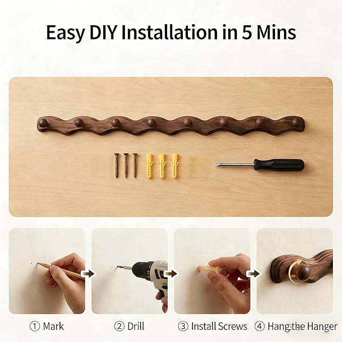 Wood Coat Rack Wall Mount -8 Pack Walnut Coat Hooks for Hanging Clothes,Keys, Robes,Purse,Towels,Bags,Backpack, Modern Decorative Wall hooks Heavy Duty Hanger Organizer for Bathroom,Entryway & Bedroom
