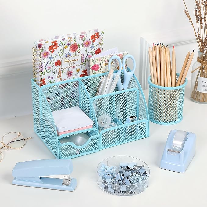 SKYDUE Blue Office Supplies Set, Office Desk Accessories, Mesh Desk Organizer, Stapler, Tape Dispenser, Scissors, Binder/Paper Clips and 1000pcs Staples, Office Supplies for Teacher, Gifts