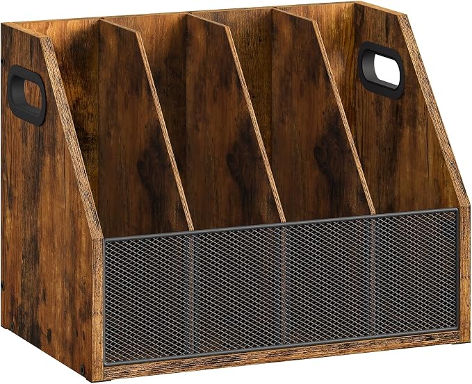 Wooden Desktop File Organizer with Removable Dividers, Mesh Front Panel for Paper, Mail, Magazine, Home Office Desk Storage, Easy Assembly, Rustic Brown MWJ06FG
