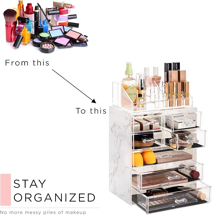 Sorbus Acrylic Makeup Organizer Set, 7-Drawer Vanity & Countertop Cosmetic Storage with Small & Wide Compartments, Marble Print Makeup Storage for Brushes, Jewelry – Holiday Gift for Women & Teens