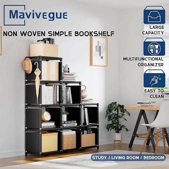 Mavivegue Book Shelf, 9 Cube Storage Organizer, DIY Bookcase, Metal Cube Bookshelf, Tall Book case for Bedroom, Living Room,Office, Closet Storage Organizer, Black Cubicle Storage Rack