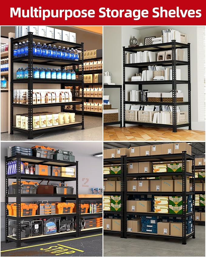PrimeZone 5-Tier Garage Storage Shelves, Adjustable Metal Shelving, Black | 36"W x 16"D x 72"H, Heavy-Duty Metal Frame & Connectors, FSC MDF Boards, 2000 LBS Storage for Garage, Pantry, Closet, Kitchen