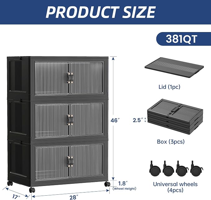 SAILUN 95Gal/381Qt Extra Large Stackable Storage Bins Folding Collapsible Storage Bins with a Lid, Closet Storage Black 28" W x 17" D x 46" H