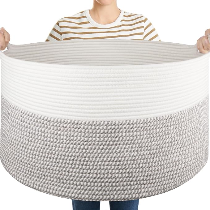 OIASKET Large Blanket Storage Basket for Living Room, 22.8" x 22.8" x 13" Woven Cotton Rope Basket with Handles, Baby Toy Storage, Laundry Hamper for Clothes, Pillows, Towels-Grey and White