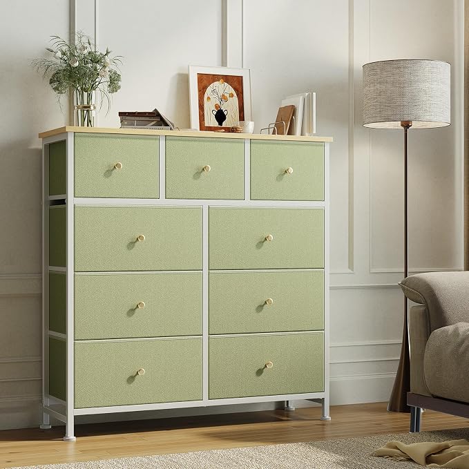 OLIXIS 9 Drawer Tall Dresser for Bedroom, Closet Organizers and Storage | Fabric Dresser with Wooden Top, Chest of Drawers for Clothes Storage, Tower Cabinet, Furniture, TV Stand, Light Green
