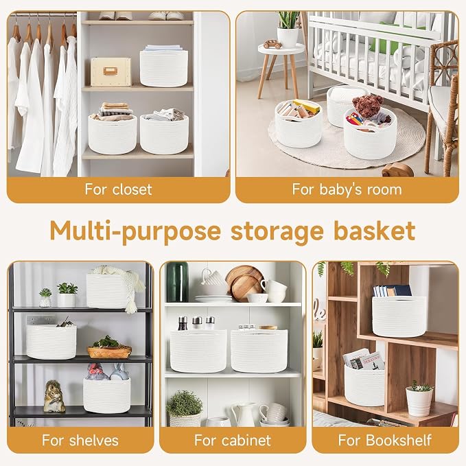 3 Pack Small Rope Storage Baskets, 9.82×9.82×7.1", White | Cotton Basket for Gifts Empty, Cute Round Woven Basket, Decorative Shelf Basket Organizer, Organizing Basket for Shelves