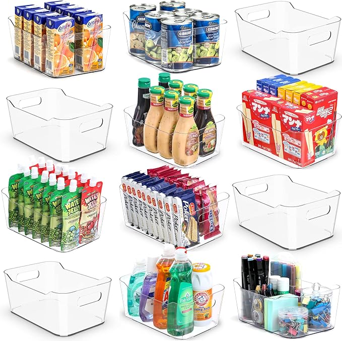 12 PACK Multiuse Clear Plastic Storage Bins for Organizing w/ Labels - Home, Kitchen, Bathroom, Office, Pantry Cabinet Shelf Organizer Bins - SOHO Collection, RV, Fridge Organization Containers