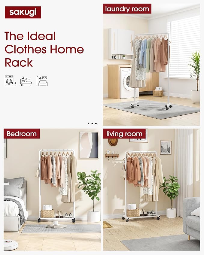 Sakugi Clothes Rack - Clothing Rack with Storage Mesh Shelf & Casters, Heavy-Duty Metal Clothing Rack for Hanging Clothes, Dresses, Coats, Large Load Capacity, Easy Assembly, White, 28.0"x16.9"x59.0"