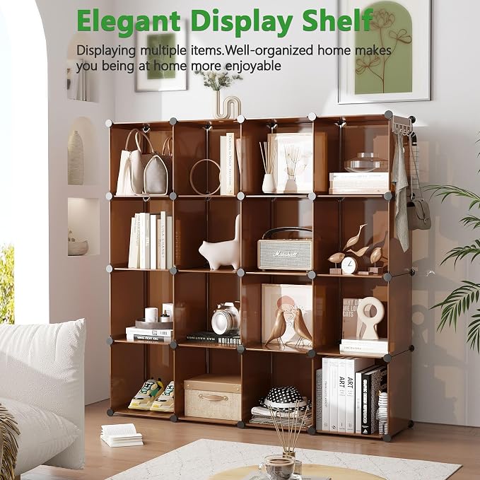 C&AHOME 16-Cube Storage Organizer, Plastic Shelves Units, DIY Closet Organizer, Modular Shelves Ideal for Home, Bedroom, 48.4" L 12.4" W 48.4" H Brown UPCS16C
