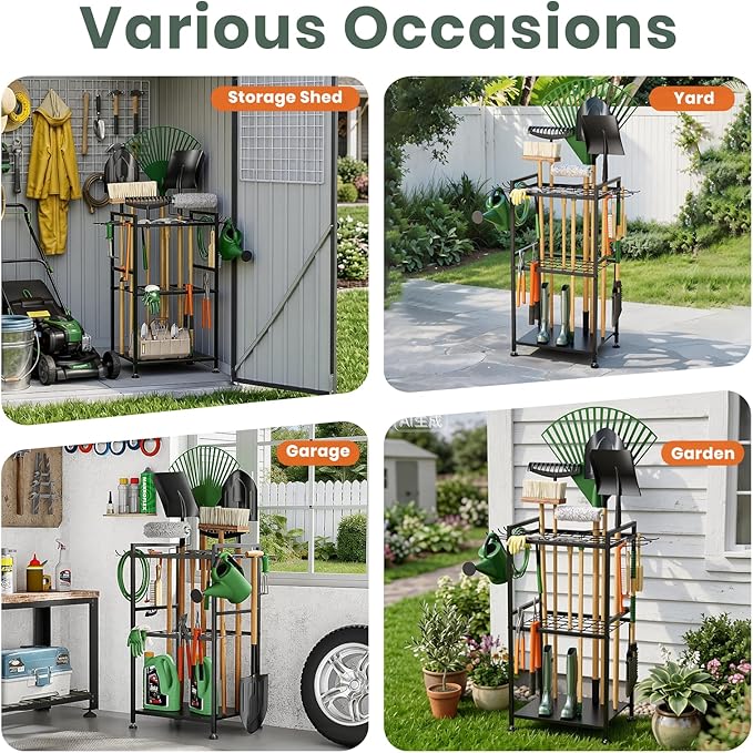 SPACECARE Garden Tool Organizer with Feet, Yard Tower Rack for Garage Organization and Storage, Up to 35 Long-Handled Tools/Rakes/Brooms, Heavy Duty Steel Garden Tool Stand for Shed, Outdoor, Black