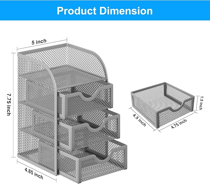EasyPAG Mesh Desk Organizer with 3 Drawer Office Desktop Organizers and Accessories Stationery Caddy for Office, Home, Students, Silver
