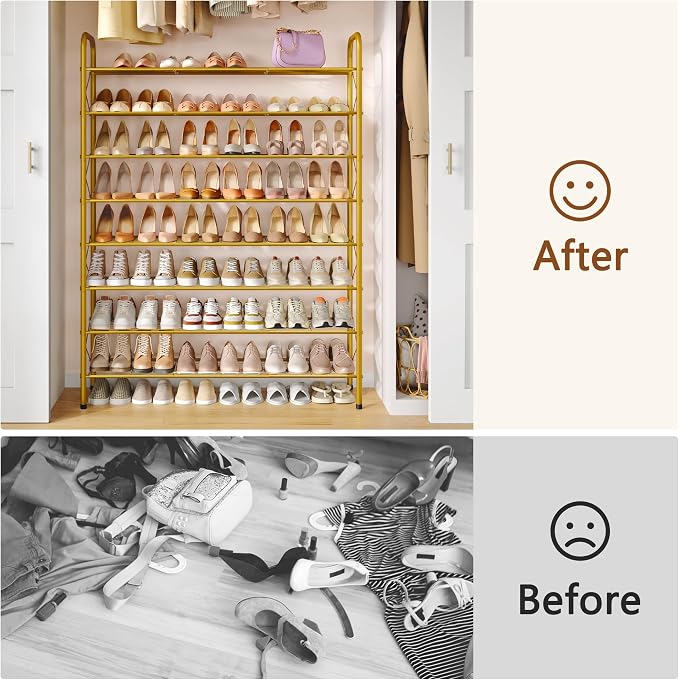 Hoctieon 8 Tier Shoe Rack for Closet, Durable Mesh Style Shoe Rack, Entryway Shoe Shelf, Shoe Storage Organizer for Hallway, Bedroom, Living Room, Wardrobe, Gold