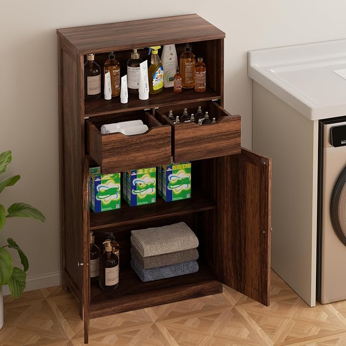 Walsunny Floor Storage Cabinet, Organizer with Doors and Drawers, Freestanding Side Cupboard Pantry with Adjustable Shelf for Bathroom/Living Room, Walnut Brown
